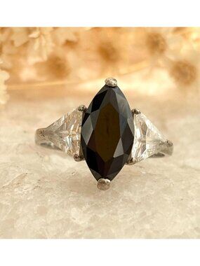 Black Onyx Marquise Cut Trillion Cut CZ 925 Sterling Silver Vintage Ring - sz 10